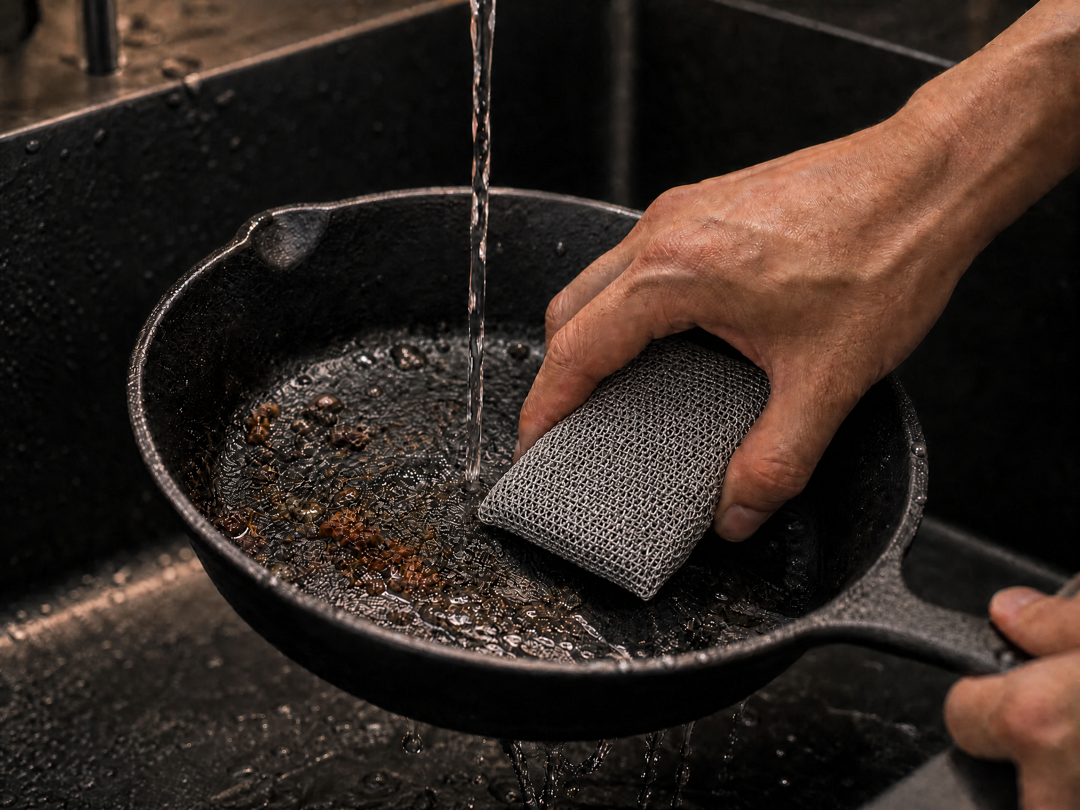 Hand cleaning greasy cast iron with the fine-link welded G2 Iron Armor Set scrubber, shown without a hanging ring