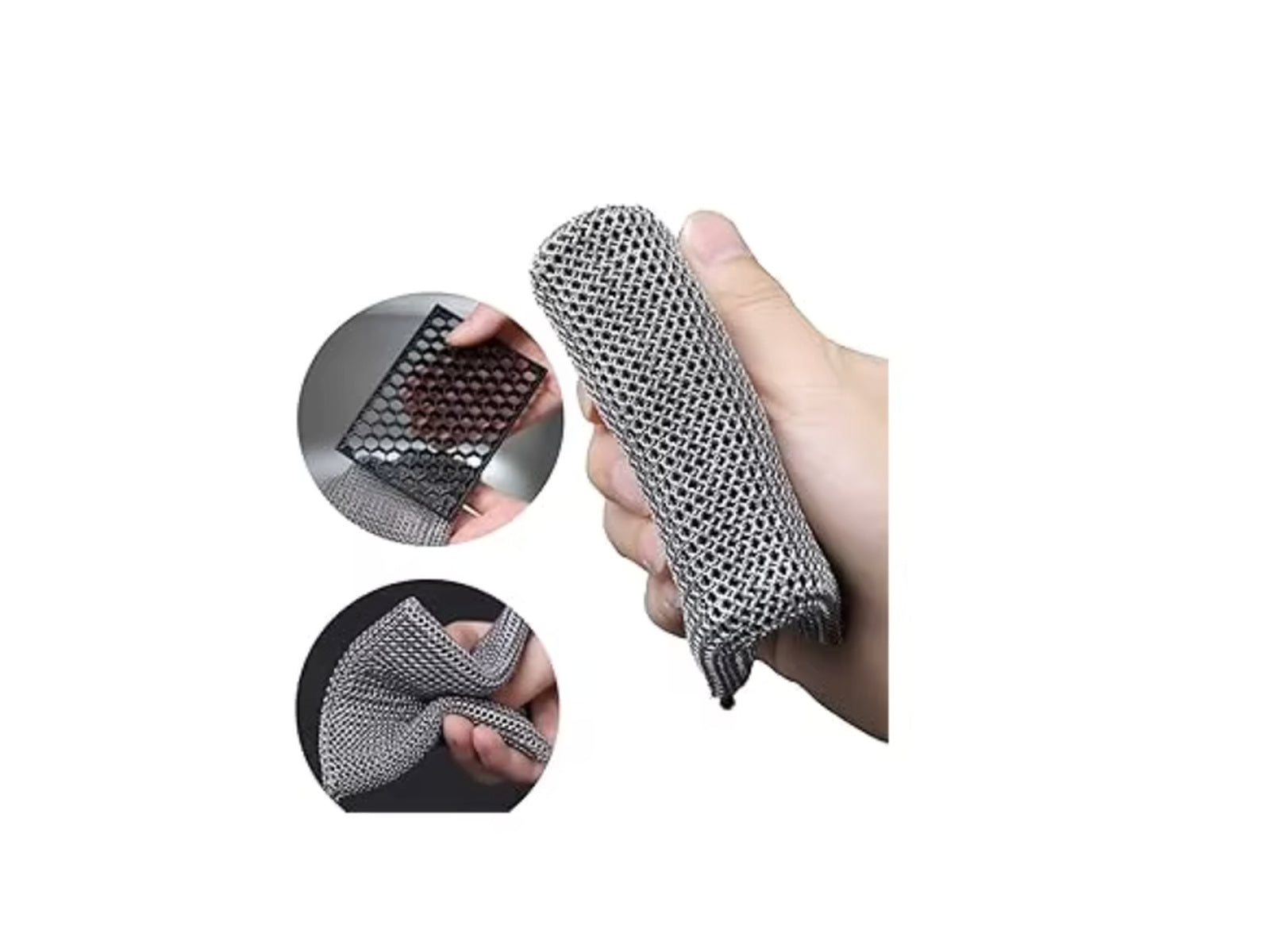 Hand squeezing the flexible welded G2 scrubber with close-up views of the silicone core and fine mesh